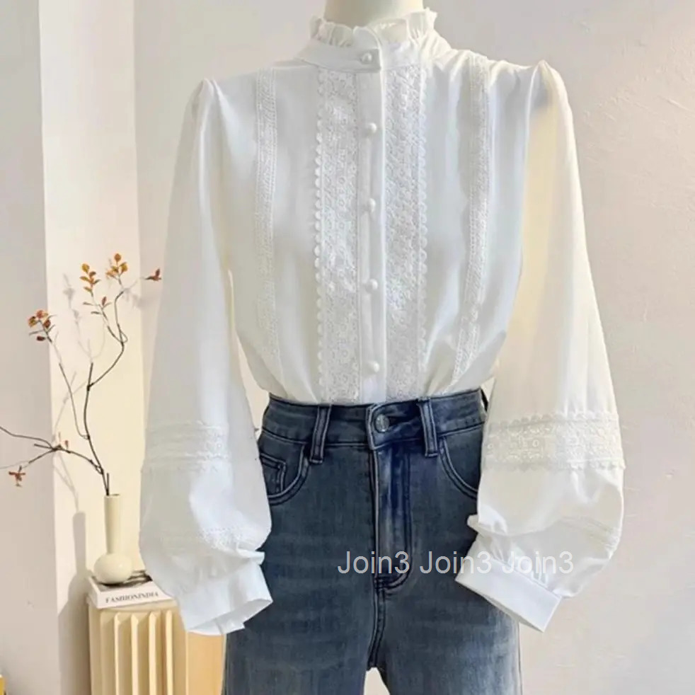 2025 Blusas Mujer De Moda Stand Neck Ruffles Long Sleeve Blouse Women Clothing White Tops Fashion Lantern Sleeve Sweet Shirts