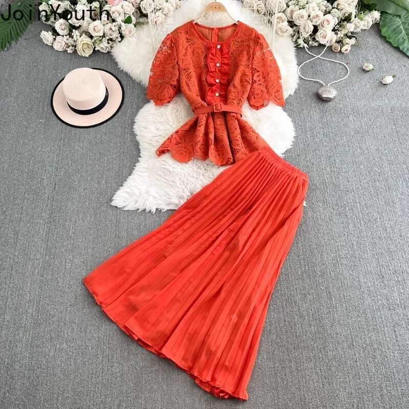 Skirt Suit 2 Piece Sets Womens Outfits Roupas Femme Slim Waist Lace Blouse High Waist Pleated Skirts Suit Vintage Summer Set