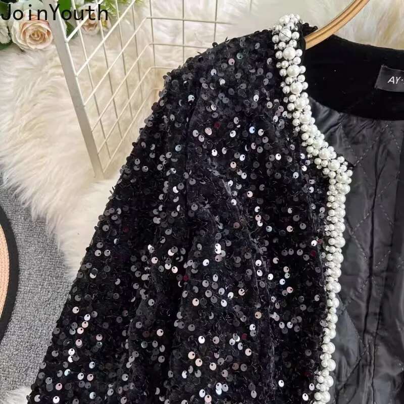 Temperament Women Clothes Chic Black Set Two Piece Sets Beading O-neck Crop Jackets Bodycon Mini Skirt Suit Heavy Sequin Outfits