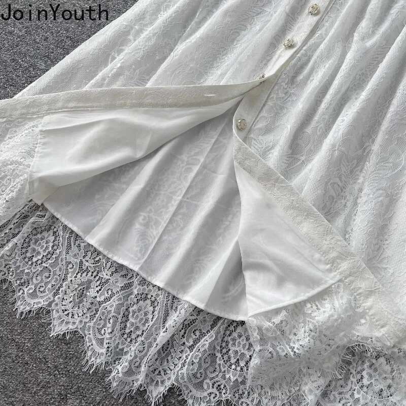 Single Breasted Vintage Woman Dress Slim Waist Robe Femme Patchwork Lace Lantern Sleeve Stand Neck Maxi Dresses Vestido Femme