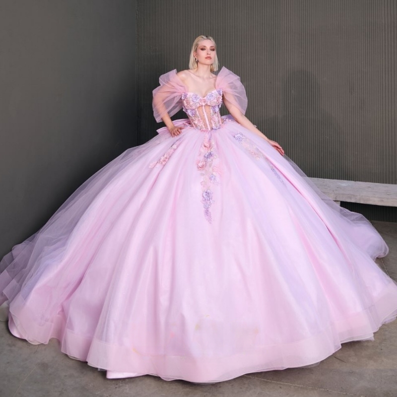 Pink Shiny Quinceanera Dresses Ball Gown Off The Shoulder Applique Lace Beads Tull Corset Sweet 16 Dress Vestidos 15 Anos