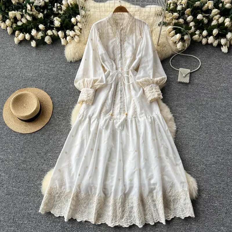 Vintage Embroidery Stand Collar Dresses for Women 2025 Summer New Robe Femme Heavy Elegant Lantern Sleeve Chic Vestido Feminino