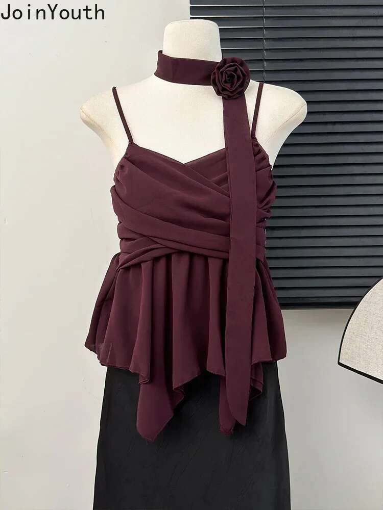 Temperament Lady Tops Sexy Vest Korean Fashion Clothing 3D Floral Bandage Tunic Camis Crop Tops Irregular Folds Summer Tanks