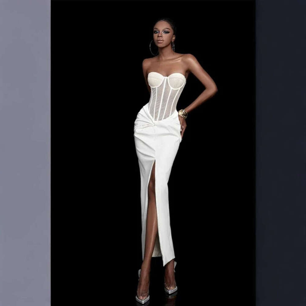 White Skirt Maxi Skirt French Elegant Mature Style Sheer Mesh Fishbone Slimming Satin Split Long Dress Sexy High End Birthday Evening Gown Long Skirt