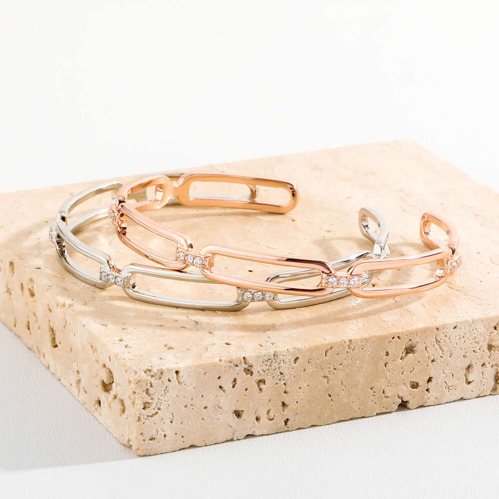 Korean and Japanese Style Two-Tone INS Minimalist Fashion Simple Bracelet Open Bangle Zircon Jewelry