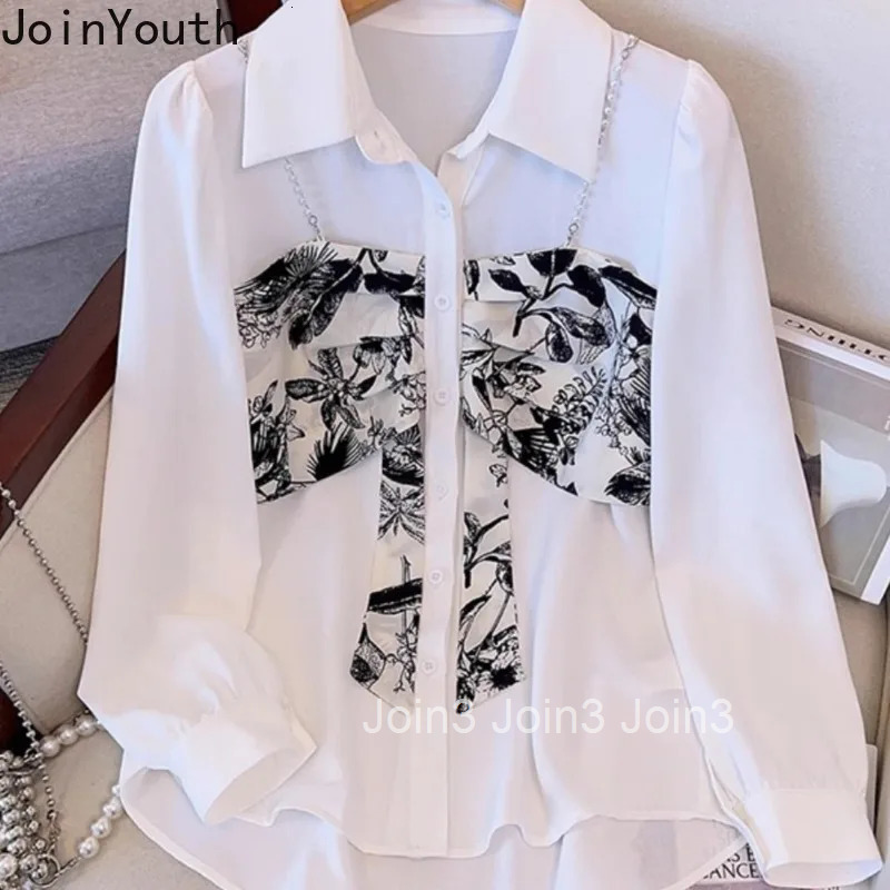 Fake Two Women Shirts 2025 Camisas De Mujer Long Sleeve Patchwork Print Blouses Beading Fashion Korean Blouse Tops Female 27y433