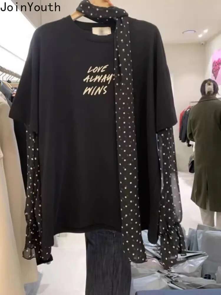 O-neck Korean Woman T Shirts Y2k Tops Fake Two Tees Patchwork Gauze Polka Dot Long Sleeve Camisetas Casual Fashion Letter Tshirt