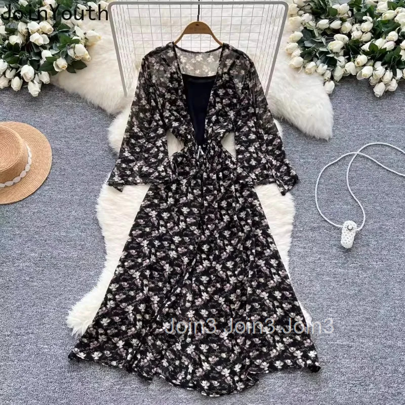Dress for Women 2 Piece Set Flare Sleeve Floral Chiffon Dresses 2025 Vestidos De Mujer Vintage High Waist Temperament Robe Femme