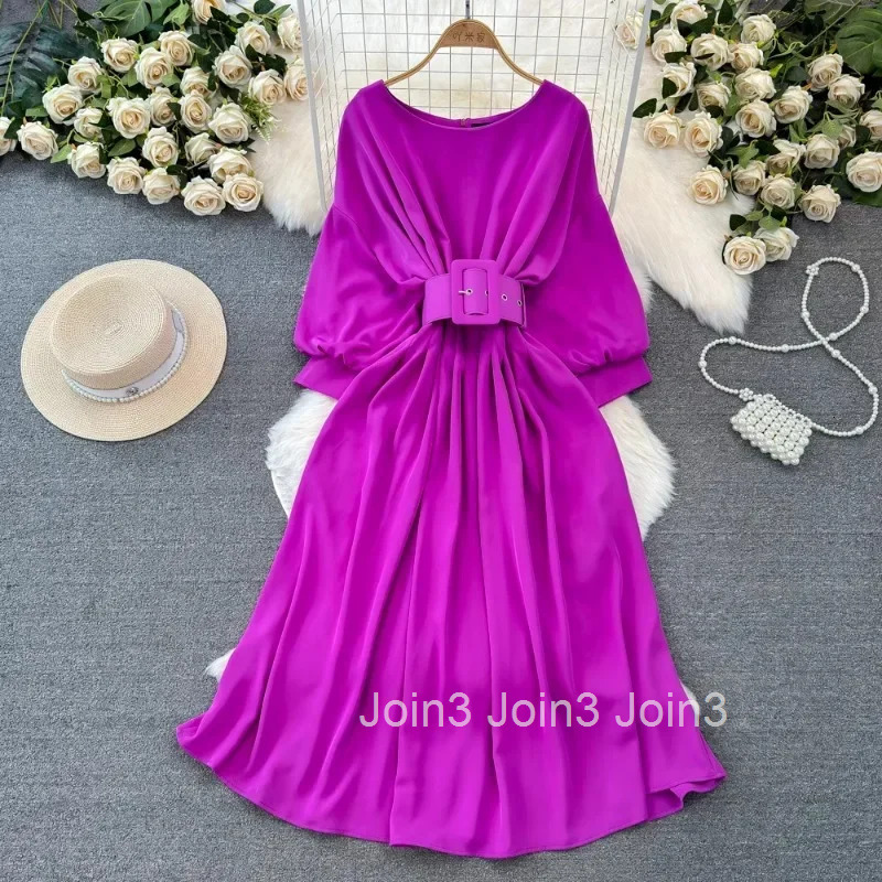 Korean Fashion Vintage O-neck Dress for Women Summer New Slim Waist A-line Tunic Dresses Y2k Long Sleeve Loose Vestidos Mujer