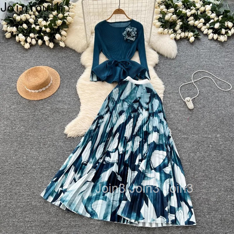 Women Clothing 2 Piece Sets Slim Waist 3D Floral Tops High Waist Print Pleated Skirt Outfits Vintage Roupas Femme Korean Suit