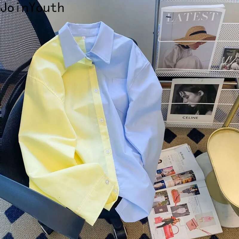 2025 Blusas De Mujer Contrast Color Korean Blouses Long Sleeve Fashion Loose Shirts Preppy Style Casual Vintage Blouse Tops