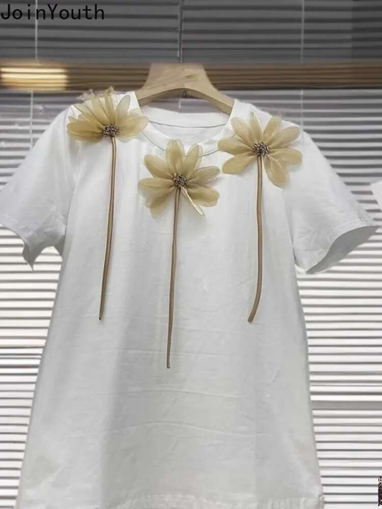 White Casual Woman Tshirts O-neck Short Sleeve Tees Fashion Korean Camisetas 3D Floral Summer T-shirt Tops Women Clothing 63c631