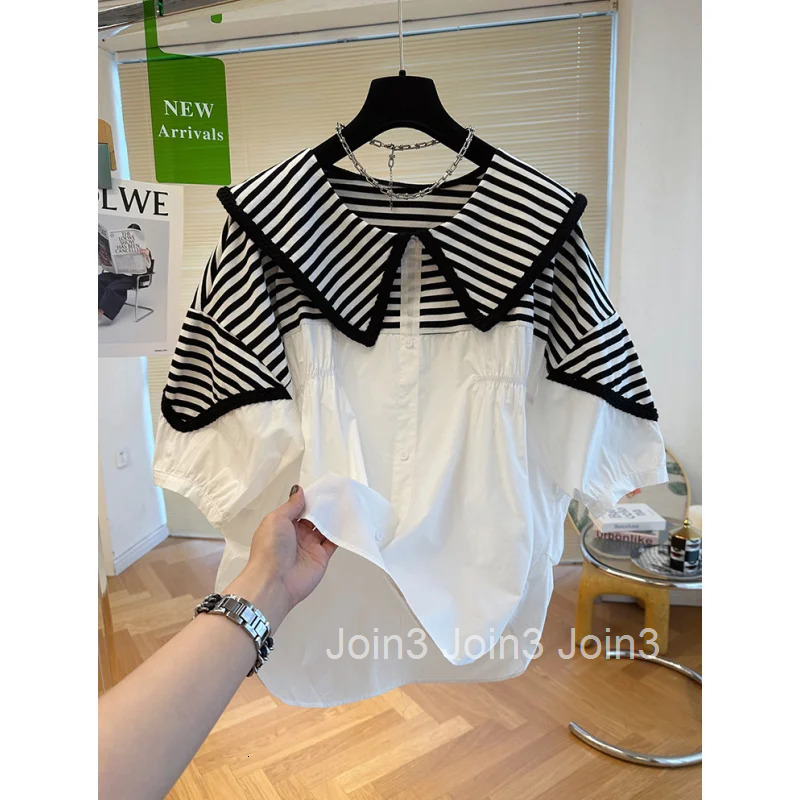 Contrast Color Blouse for Women 2025 Blusas Mujer De Moda Patchwork Loose Summer Shirts Peter Pan Collar Fashion Blouses Tops