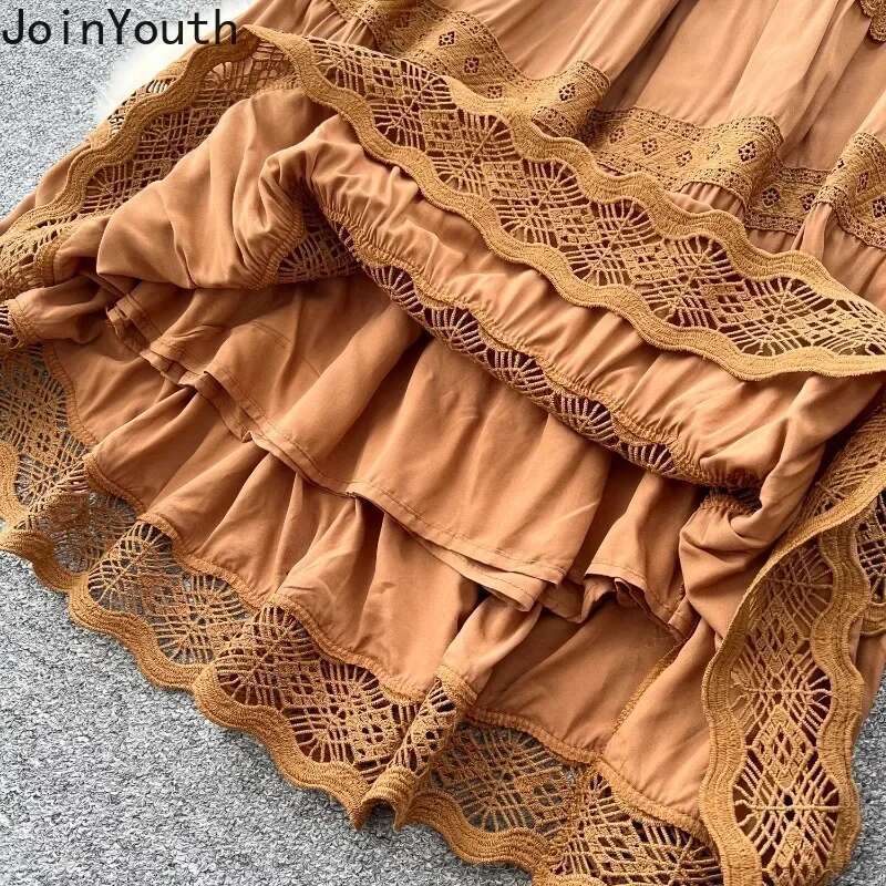 Women Clothing Vintage 2 Piece Set Patchwork Lace Stand Neck Shirt High Waist A-line Loose Skirt Outfits Hollow Out Vintage Suit
