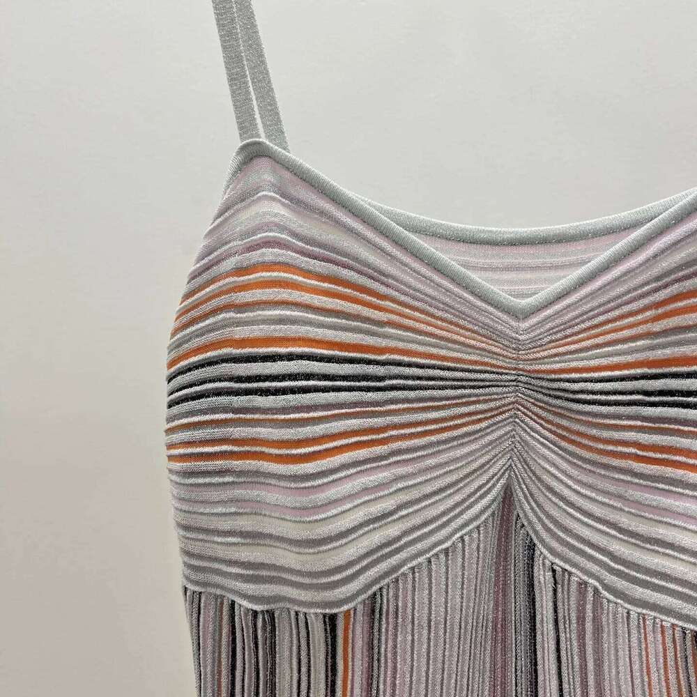 Women Sequined Multicolor Striped Sling Dress V-Neck High Waist Sleeveless Vintage Slim Knitted Long Dress