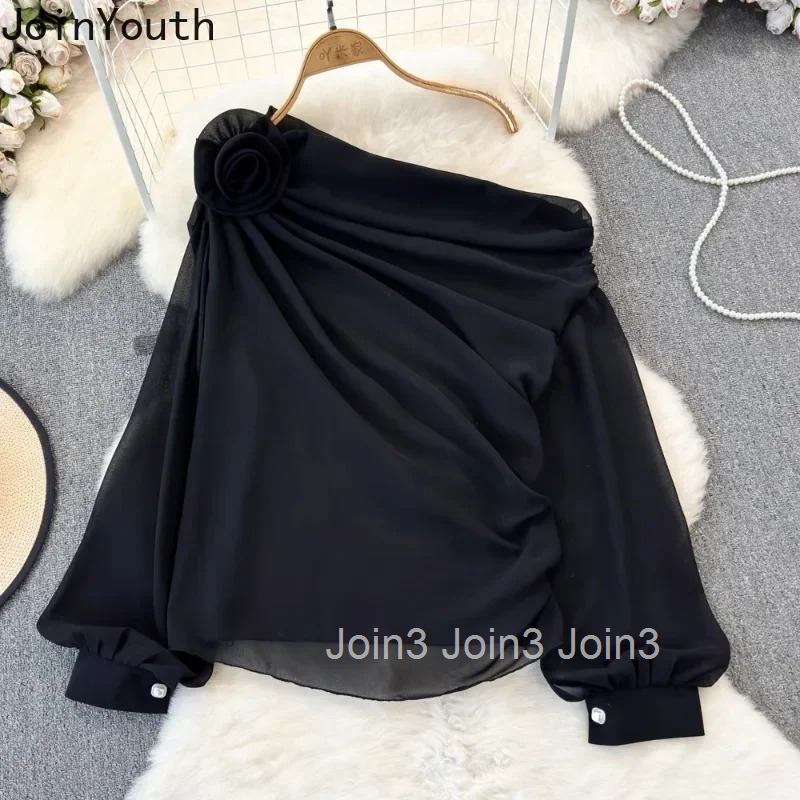Chiffon Blouse Women 3D Floral Long Sleeve Off Shoulder Shirts 2025 Blusas Mujer De Moda Chic Looe Solid Color Sexy Blouses Tops
