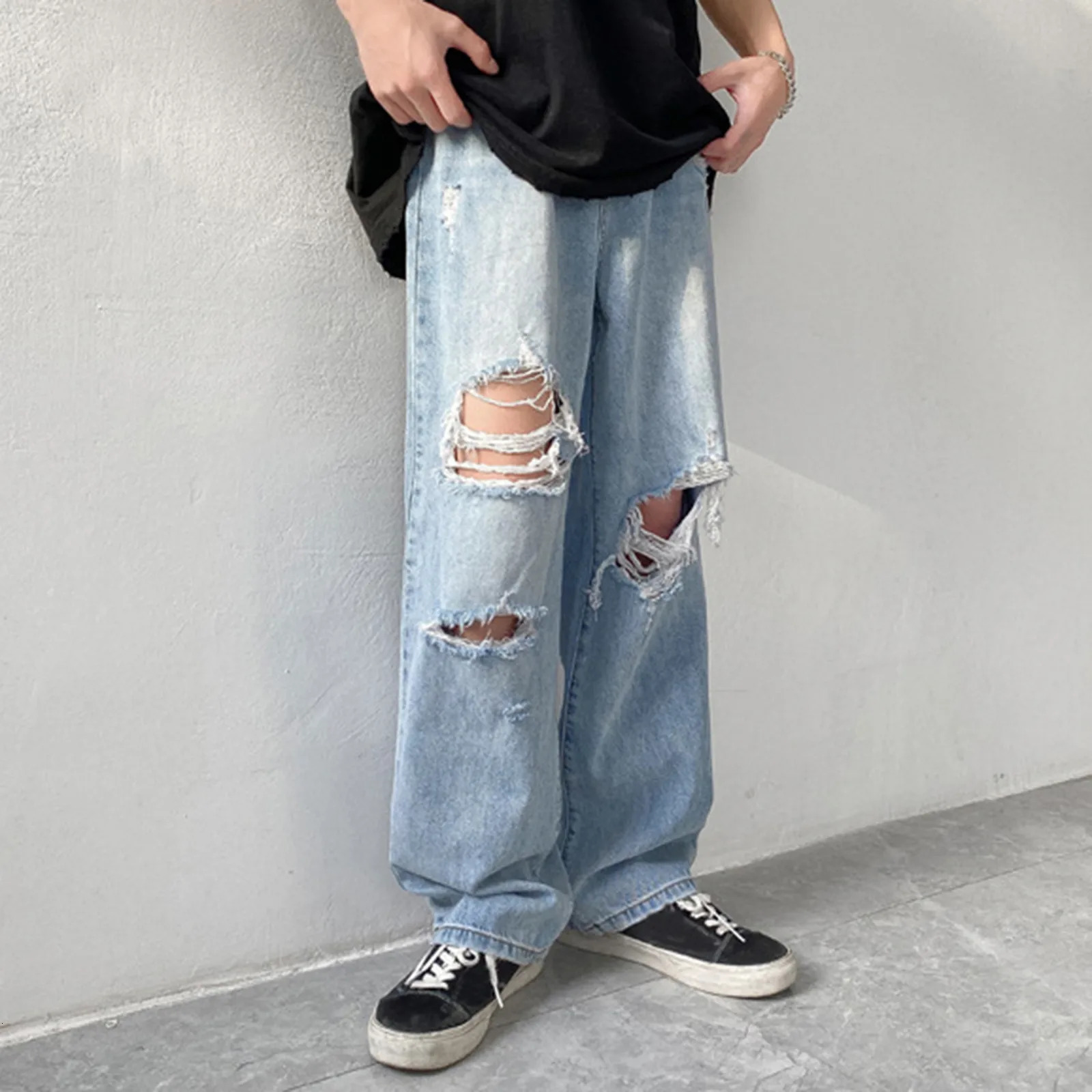 Mens Summer Distressed Denim Pants Make Old Multi Hole Jeans Trouser Chic Hip Hop Streetwear Plus Size Loose Trouser 250617