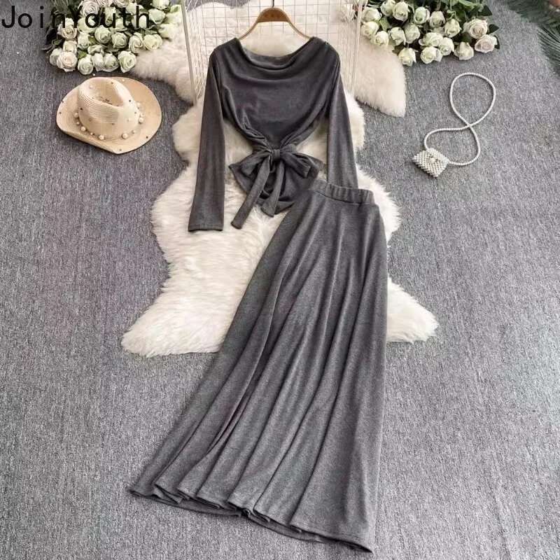 Korean 2 Piece Sets Womens Outfits Roupas Femme Slash Neck Bandage Slim Waist Tops Big Swing High Waist Skirt Suit Summer Set