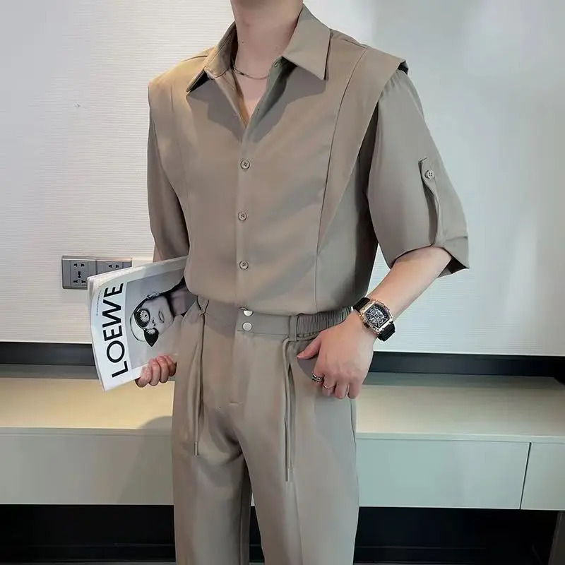 Summer Ice Silk Mens Suits Casual Short Sleeve Shirt And Pants Two-piece Set Ruffled Handsome Draped Korean Style Loose Set 250619