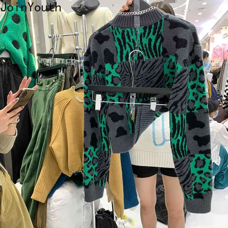 2025 Fall Clothing Pullovers Fashion Tops for Women Vintage Leopard Print Knit Sweaters Korean Loose Jumper Sueter De Mujer