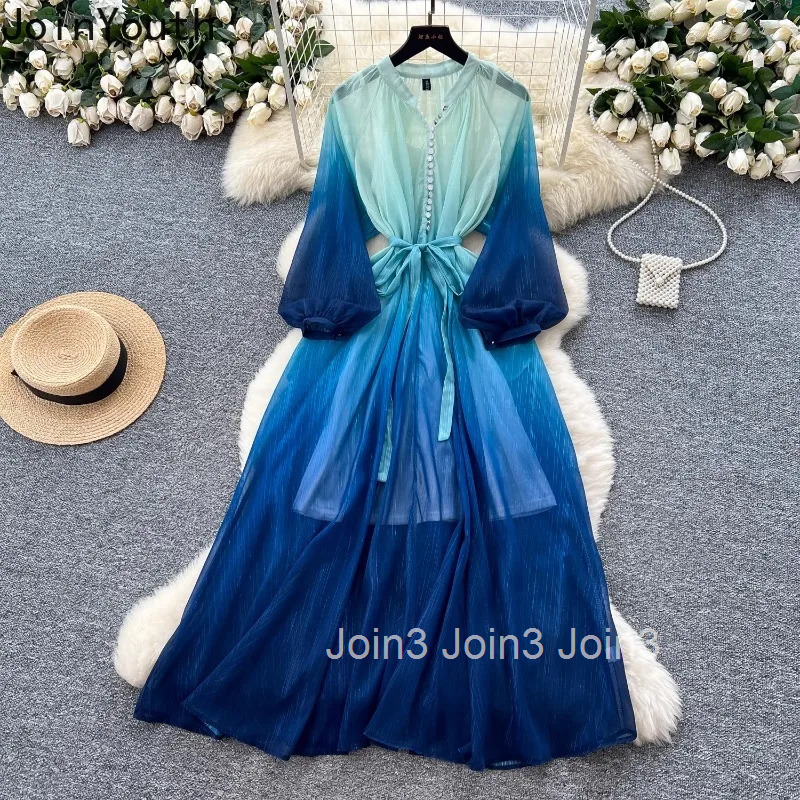 Temperament Robe Femme Chic Gradient Dresses Women Clothing 2025 Vestidos De Mujer Bandage Elegant Summer Maxi Dress 2 Piece Set