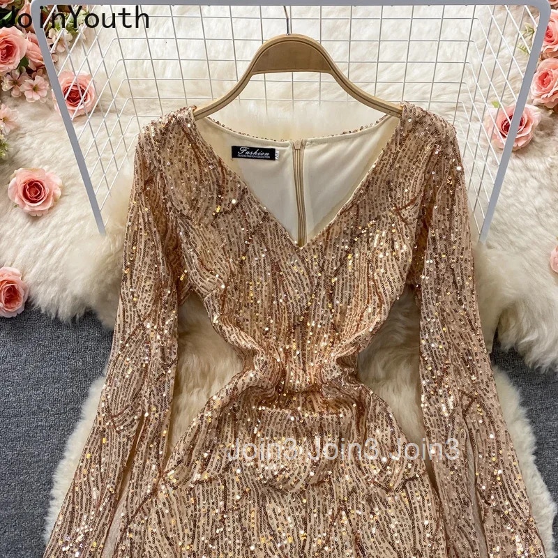 2025 Vestidos De Mujer Sexy Bodycon Dress for Women V-neck Long Sleeve Tunic Temperament Robe Femme Sequin Fashion Mini Dresses