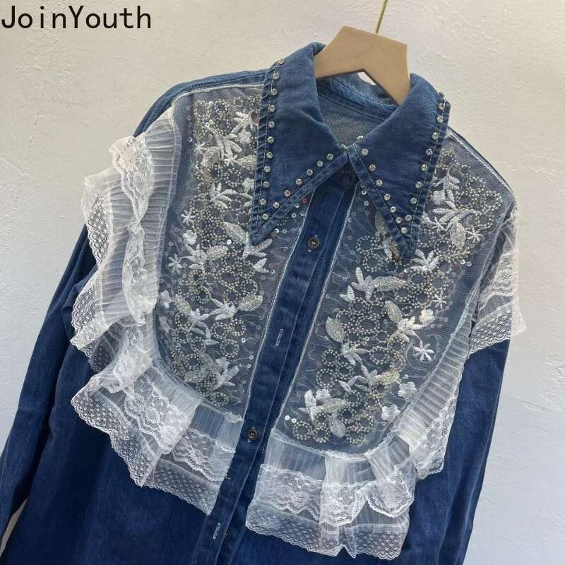 Fashion Blouse Women Clothes Denim Patchwork Lace Tops 2025 Blusas Mujer De Moda Casual Heavy Beading Sweet Korean Shirt Blouses