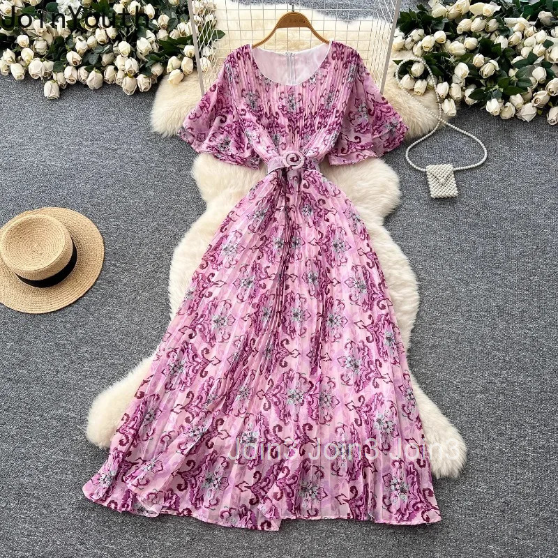 Floral Sweet Maxi Dress O-neck Flare Sleeve Slim Waist Robe Femme Vintage Chiffon Summer Pleated Dresses 2025 Vestidos De Mujer