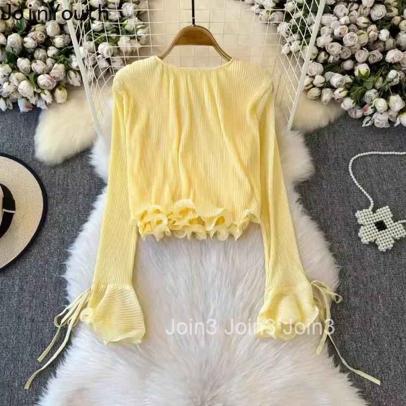 2025 Camisas De Mujer Solid Color Blouse for Womens V-neck Folds Flare Sleeve Shirts Crop Tops Tunic Ruffles Summer Blouses