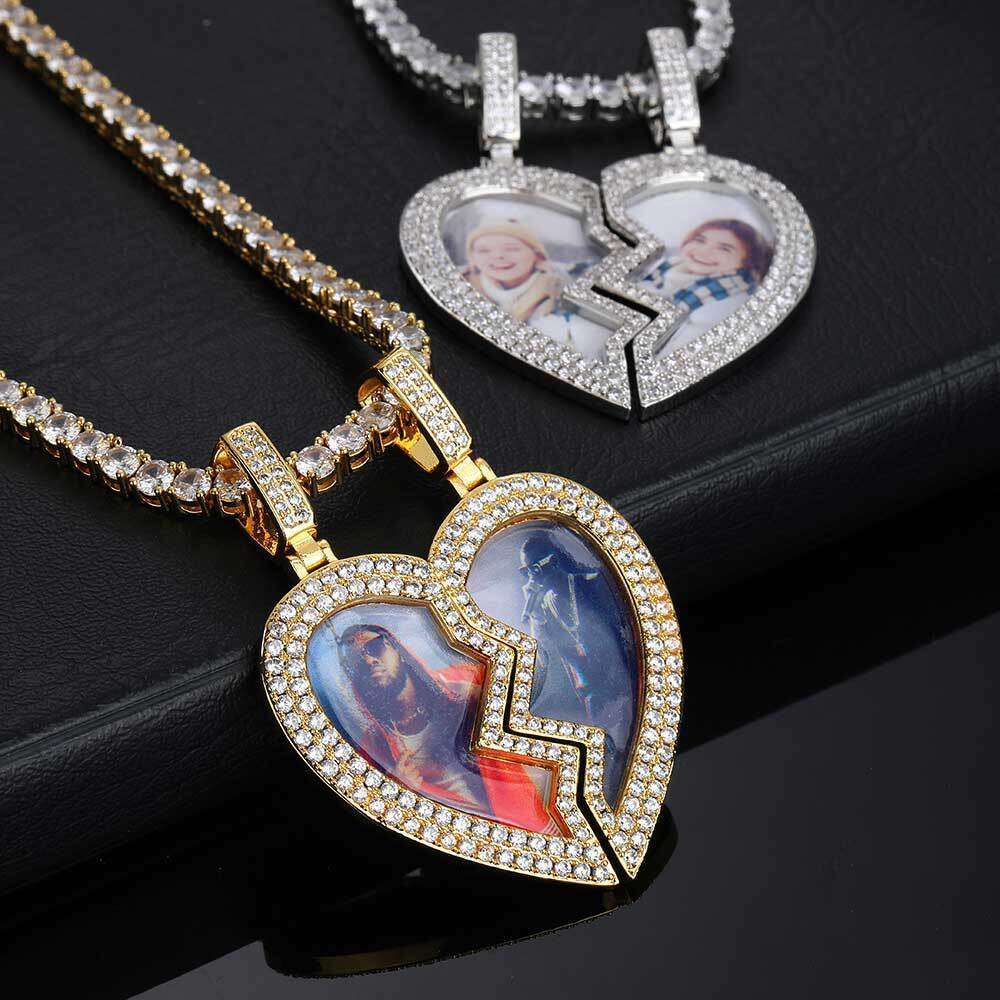 Hip Hop Magnetic Heart Men's Necklace Trendy Brand Personality Micro Paved Zircon Photo Frame Pendant 0587