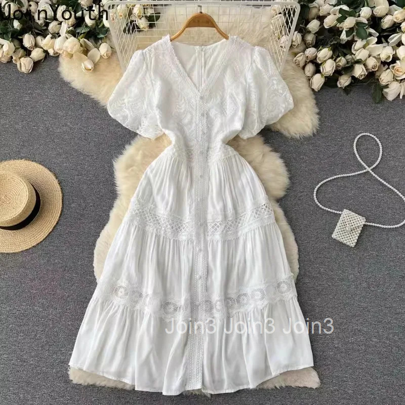 Summer Dress for Women Sweet Puff Sleeve V-neck Tunic Roe Femme Vintage Hollow Out A-line White Dresses 2025 Vestidos De Mujer