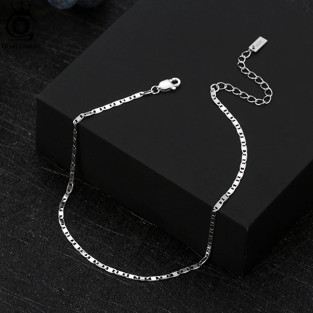 ORSA JEWELS 925 Sterling Silver Italian 2mm Sparkle Mirror Chain Anklets for Women Gold Foot Bracelet Ankle Straps Jewelry SA29 250617
