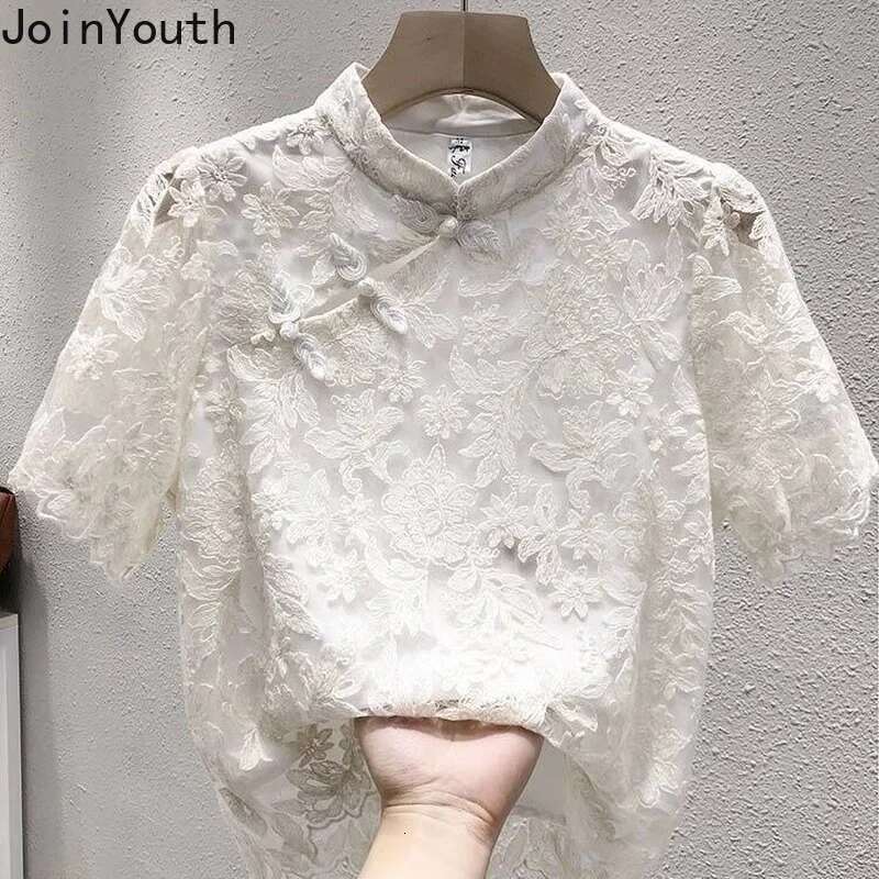Chiffon Lace Blouse Women Short Sleeve Stand Neck Vintage Shirts 2025 Blusas Mujer De Moda Korean Summer Blouses Tops Femme