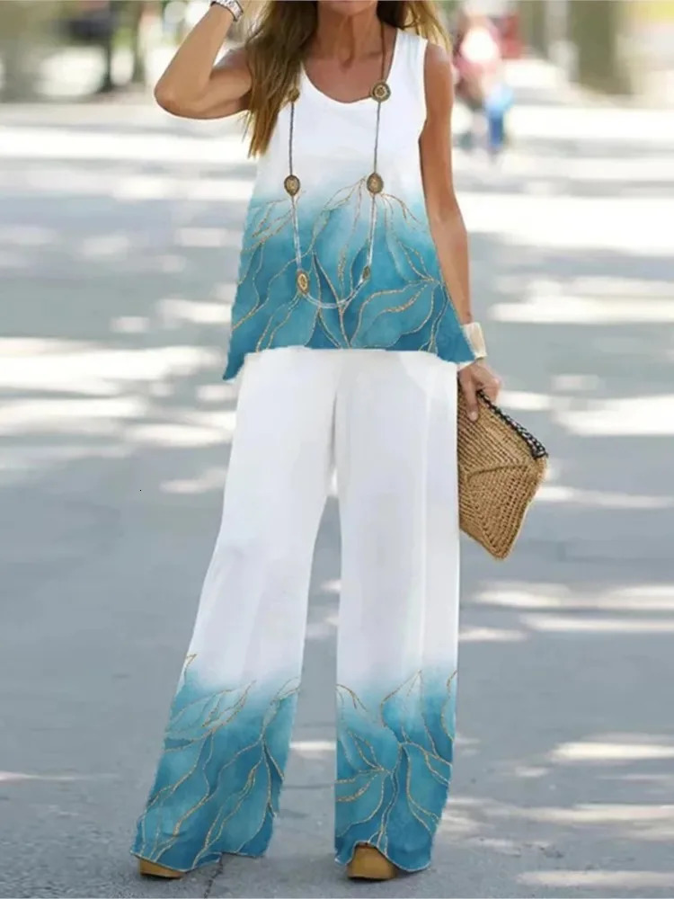 Color Print Pants Sets Women Sleeveless T Shirt Loose Wide Legs Trousers Two Piece Set Fashion Casual Vintage Lady 2 Piece Suit 250617