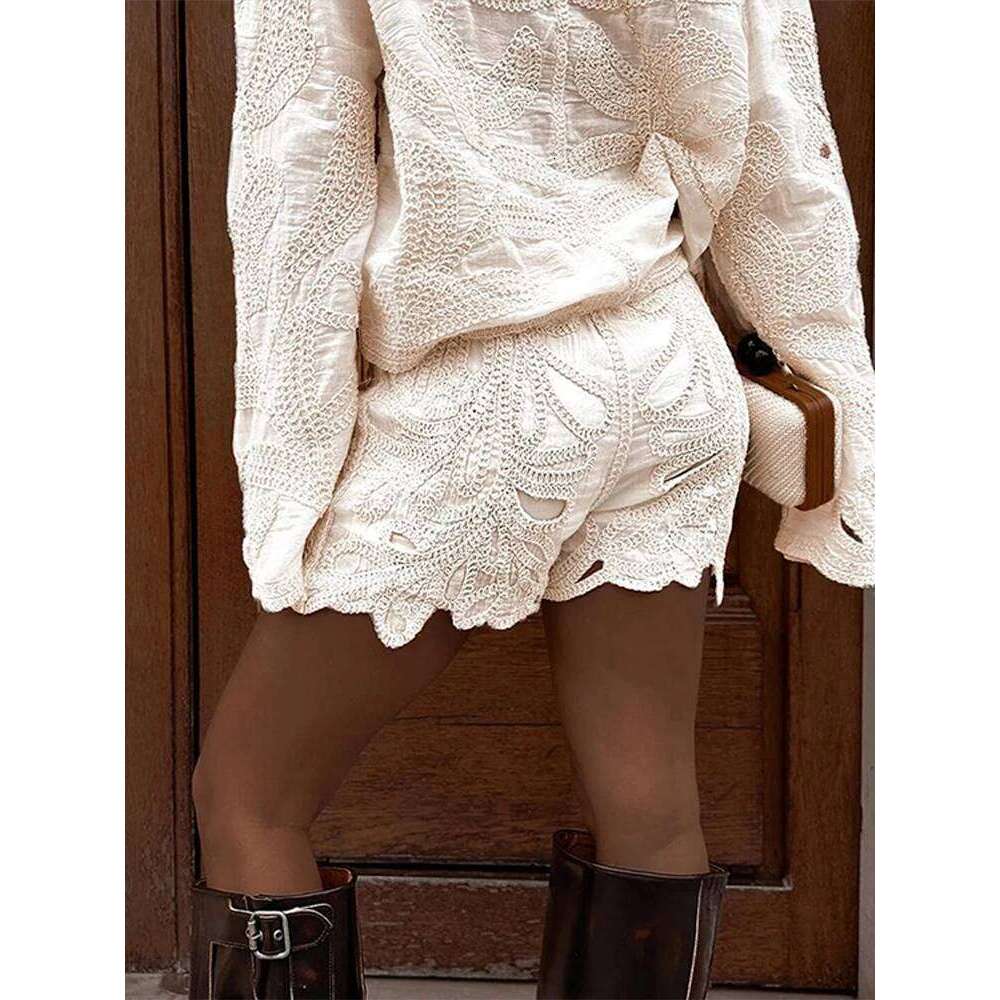 Hollow Out Embroidery Women Top Set Wave Cut High Waist Female Shorts Sets 2025 Spring O Neck Irregular Lady Vacation Outfits