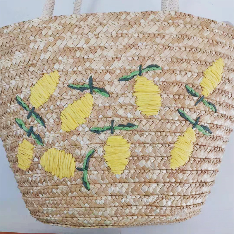 Free Shipping Wheat Straw Embroidered Woven Designer Bag Lemon Mango Luxury Pattern Casual Shoulder Bag Embroidered Women's Crossbody Handbag Str