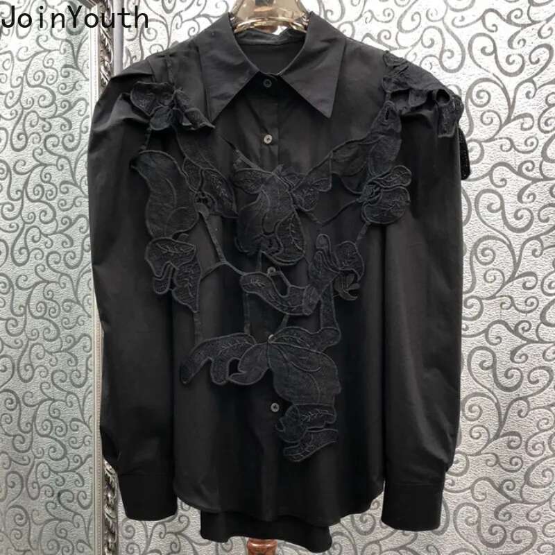 2025 Camisas De Mujer Long Sleeve White Blouses for Women Lace Embroidery Shawl Korean Tops Loose Fashion Puff Sleeve Shirts