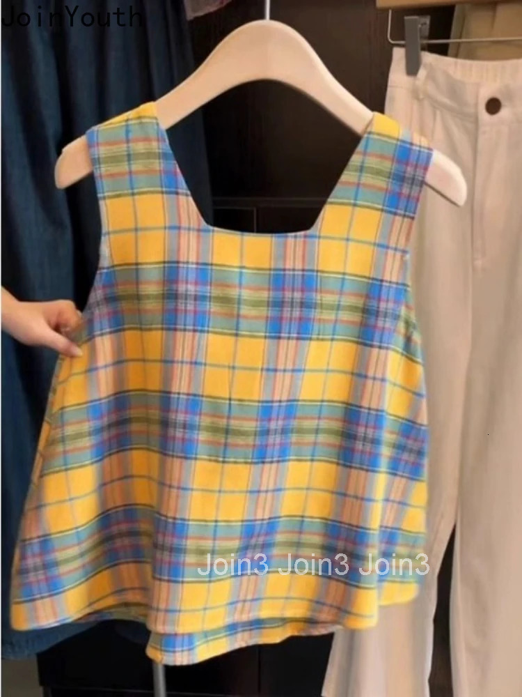 Vintage Plaid Vest 2025 Ropa Mujer Loose O-neck Korean Sleeveless Tanks Summer Tees Womens Clothing Fashion Sweet Crop Tops