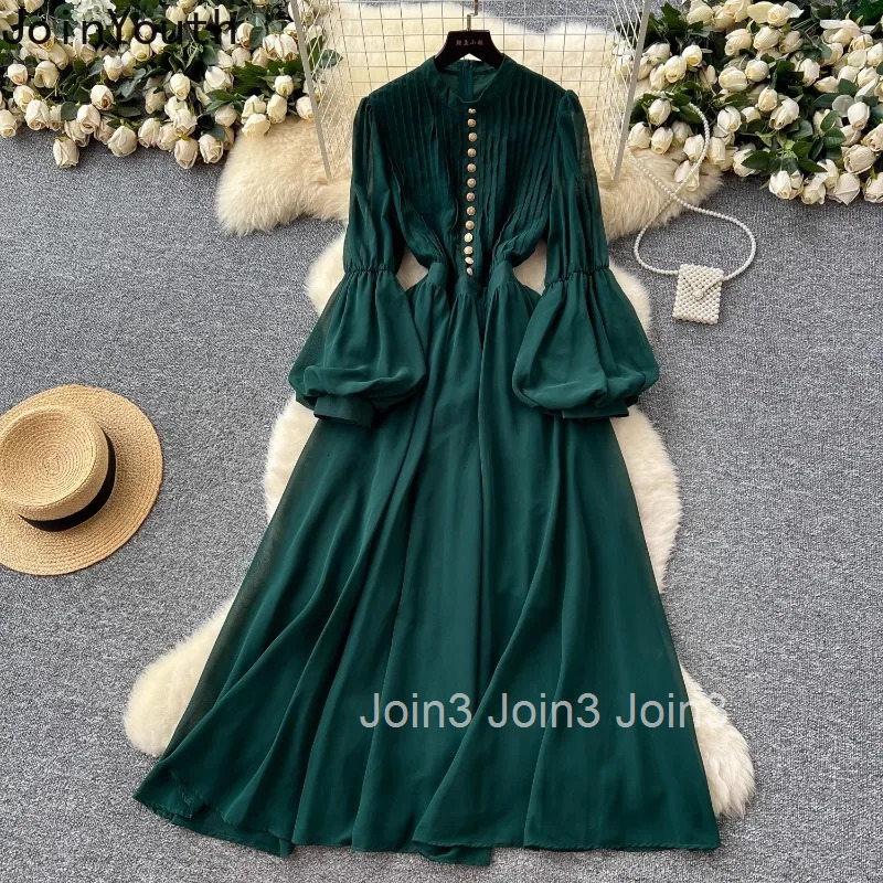 2025 Vestidos De Mujer Vintage Lantern Sleeve Dress Womens Clothing Single Breasted Slim Waist High Waist A-line Maxi Dresses