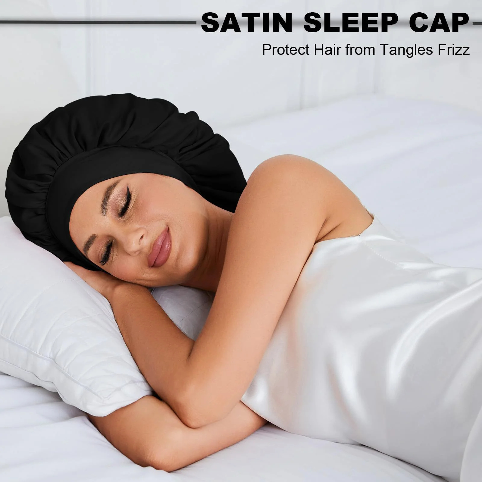 Night Sleep Cap Hair Care Women Satin Bonnet Solid Sleeping Hat Stretchy Tie Band Elastic Night Shower Cap Adjustable Hair Head Cover Bonnet for Women