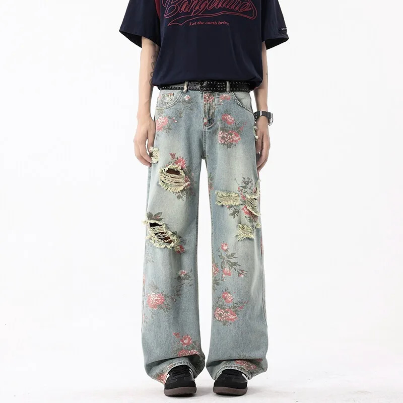 American high street ripped jeans mens summer floral sense beggar straight-leg pants high-end slim wide-leg pants 250618