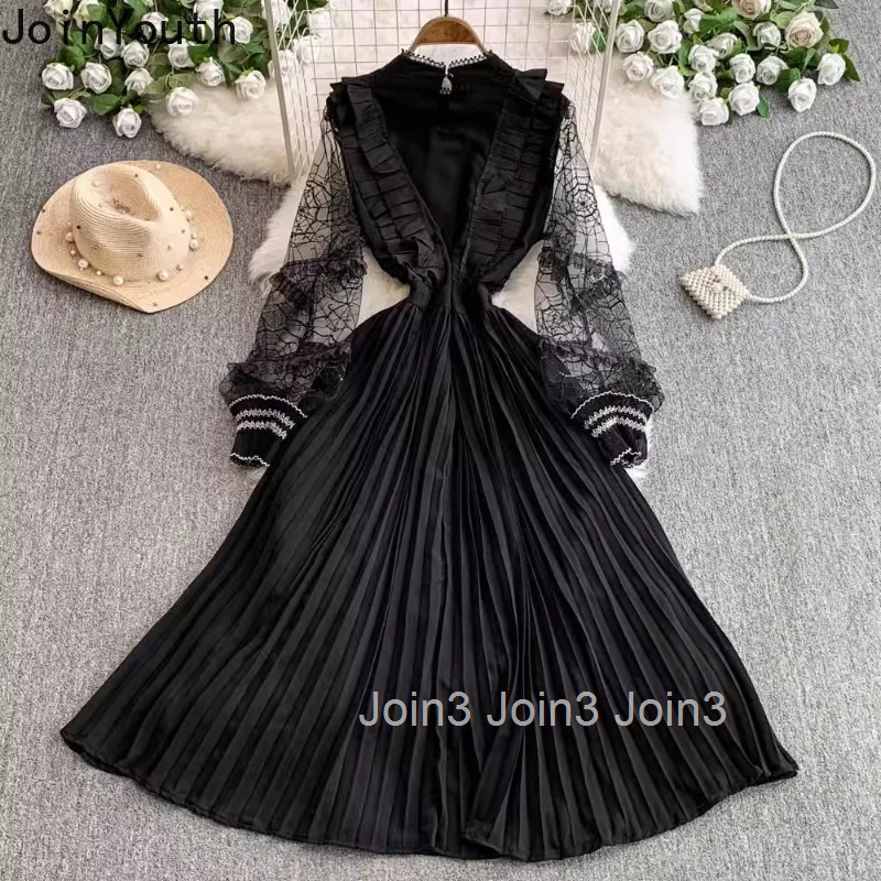 Maxi Dress Womens Clothing Long Sleeve O-neck Ruffles A-line Robe Femme 2025 Vestidos De Mujer Lace Long Sleeve Pleated Dresses