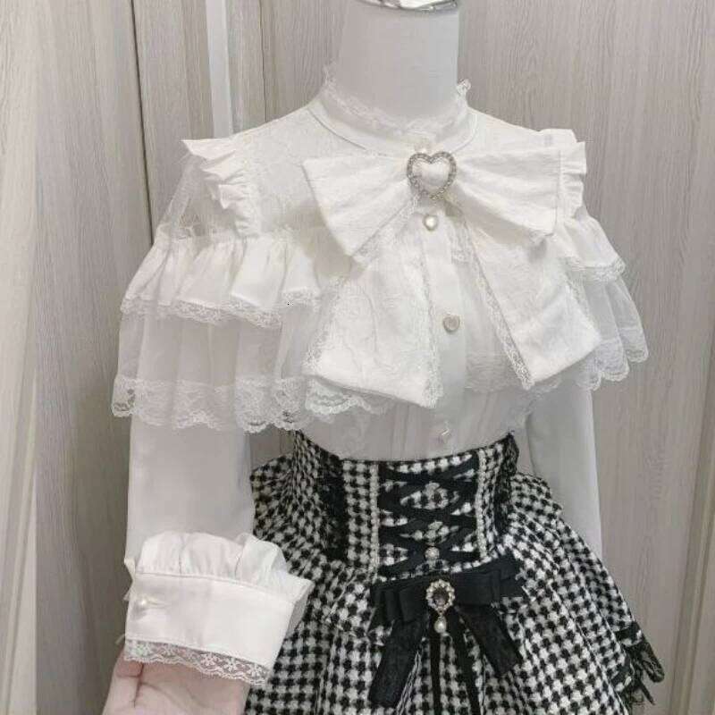 Japanese Kawaii Lolita Lace Patchwork Blouses Women Haruku Single Breasted Sweet Shirts Summer Girly JK Bow Tops Blusas