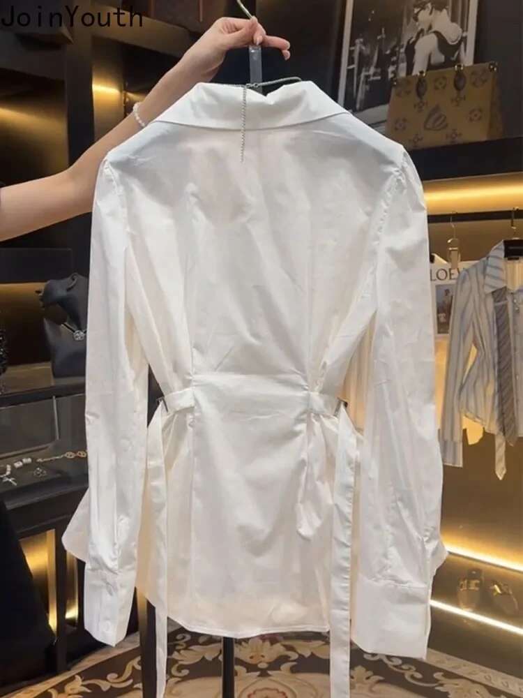 2025 Camisas De Mujer V-neck Slim Waist Shirts Women Clothing Long Sleeve Tunic Blouse Chic Bandage Tops Fchic Korean Blouses
