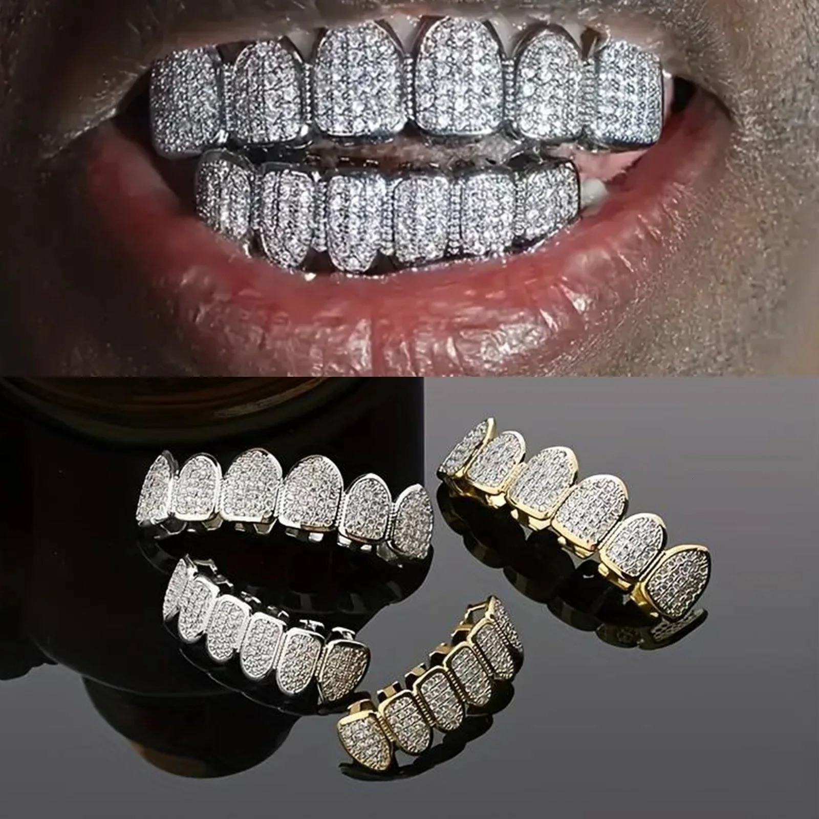 CZ Teeth Set For Unisex Top Bottom Mouth Gold Silver Color Grills Tooth Cap Removable Dental Fashion Jewelry 250613