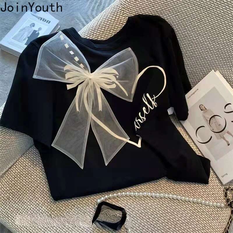 White Tshirts for Women Summer Camisetas Short Sleeve O-neck Sweet Bow Tees Y2k Tops Fashion Casual T Shirts 2025 Ropa Mujer