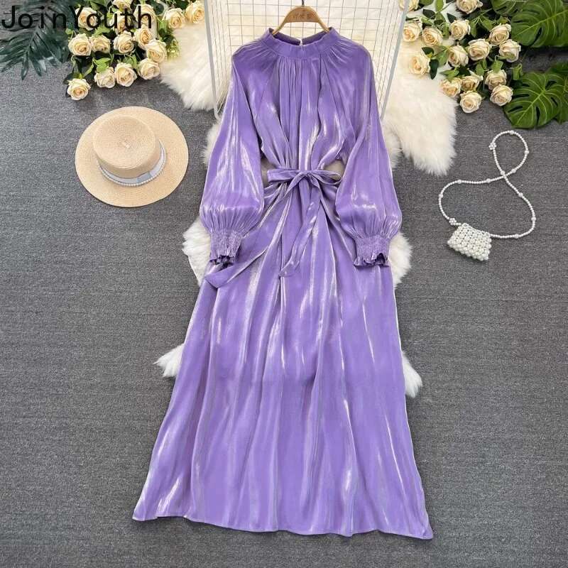 Maxi Dresses Women Temperament Lantern Sleeve Stand Neck Robe Femme 2025 Vestidos De Mujer Bandage A-line Vintage Summer Dress