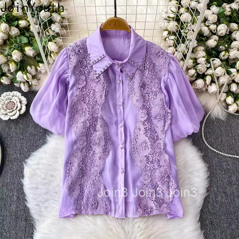 Vintage Womens Shirts 2025 Blusas Mujer De Moda Diamond Puff Sleeve Summer Tops Lace Hollow Out Loose Floral Blouses Female