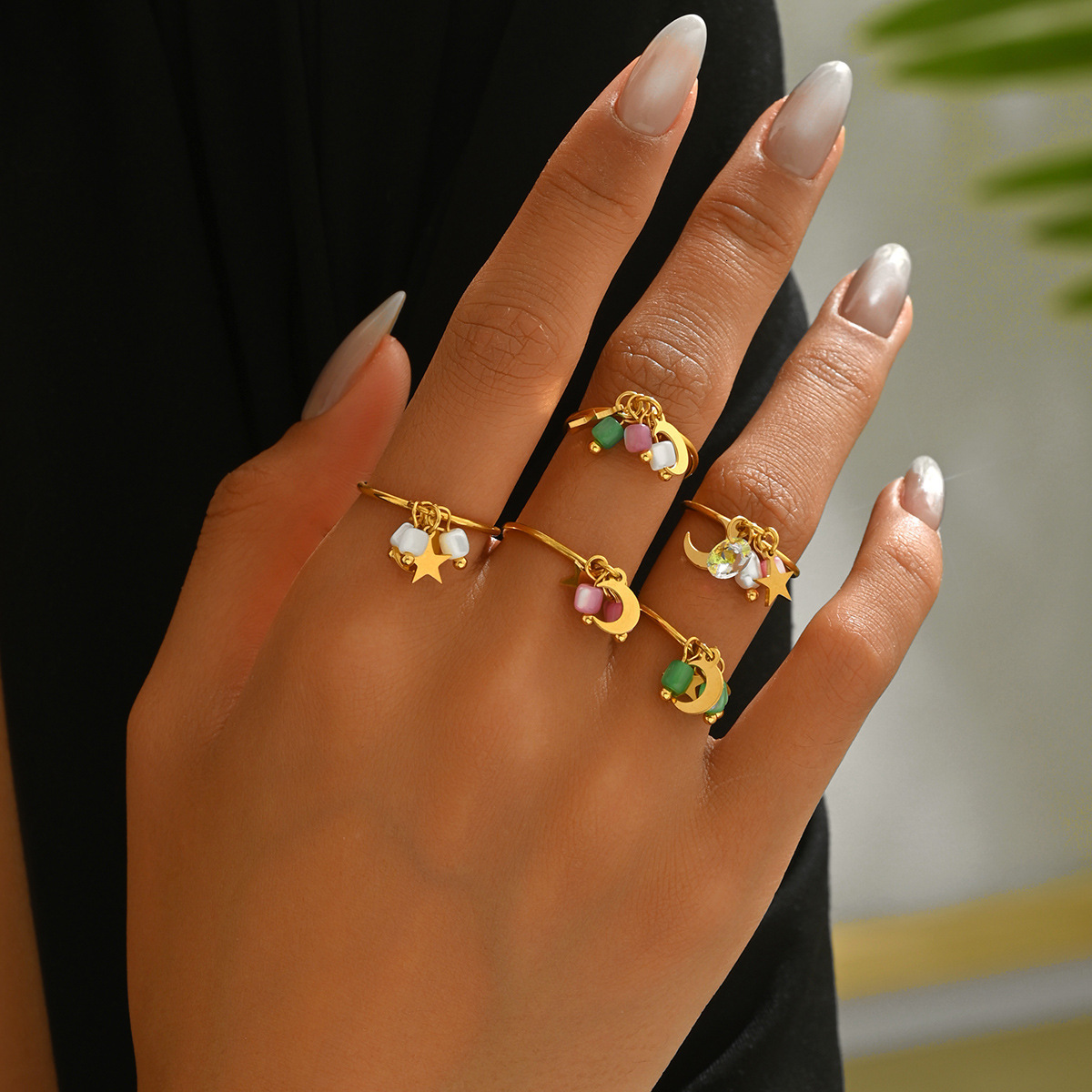 Style Women's Personality Inlaid Rice Bead Design Star Moon Open Versatile Index Finger Ring