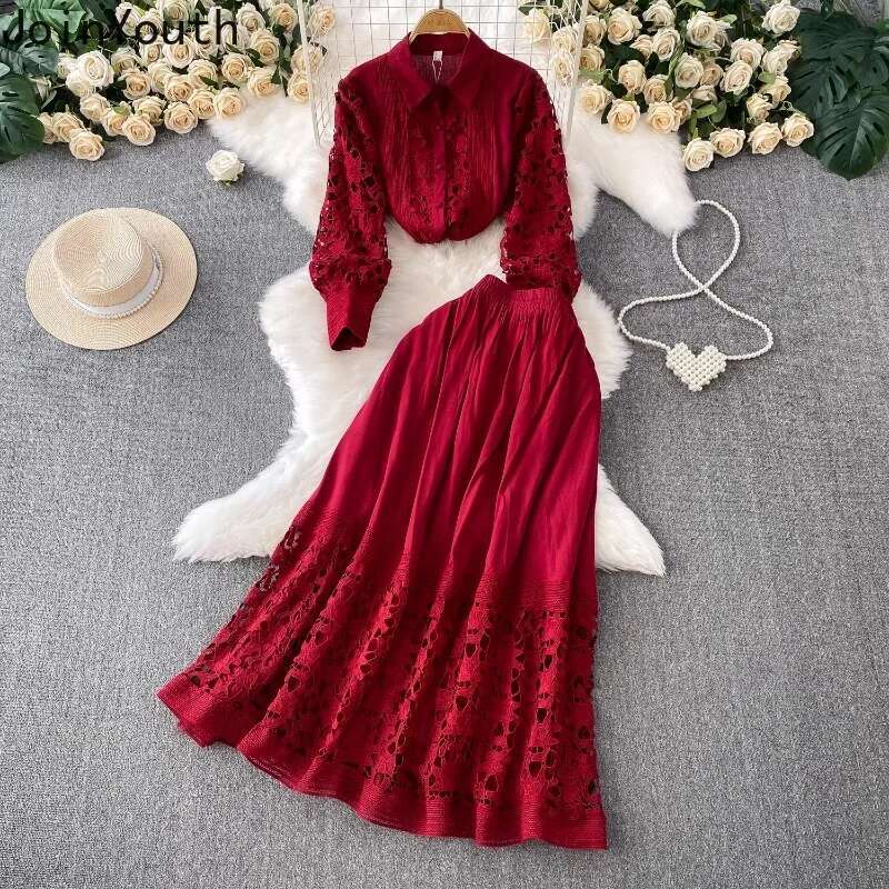Skirt Sets Women Clothing Temperament Two Piece Set Patchwork Lace Blouses High Waist Hollow Out Long Skirts Suit Summer Outfits